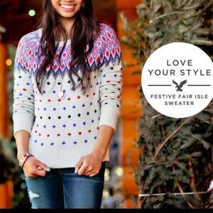 American Eagle Ivory Pink Blue Sparkly Festive FairIsle Crewneck Sweater Size S